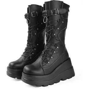 Gothniero Women Black Platform Goth Boots Mid Calf with Heel Knee High Boots Winter Chunky Heel Punk Rave Boots Girls Lace Up Combat Booties Size 5.5-11 in Kuwait