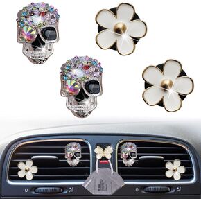 4 Pcs Bling Skull & Daisy Air Vent Clips, Flower Skull Car Air Fresheners Vent Clips Car Diffuser Diamond Car Decoration Cute Car Interior Decor Bling Car Accessories for Women + Butterfly Mask Hook