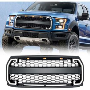 شبكة درع أمامية بديلة ملائمة مباشرة من أمريكان متوافقة مع فورد F150 من 2015 إلى 2017 مع شريط إضاءة LED للطرق الوعرة، أسود لامع