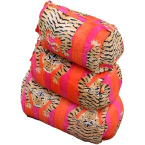 INDACORIFY Tiger Print Makeup Bag Set of 3 Pieces Indian Cotton Toiletry Bag Make up Pouch Travel Bag Quilted Wash Bag Shaving Cotton Cosmetic Kit