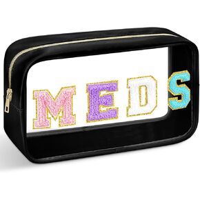 Geetery Chenille Letter Bag Nylon Makeup Bag Portable Bag Makeup Cases Preppy Patch Makeup Bag with Zipper Cosmetic Toiletry Storage Bag for Women(Green,Cute MEDS)