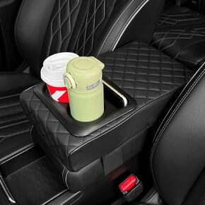 1797 Center Console Cover Car Armrest Cushion with Cup Holders Heightened Arm Rest Cover Pad for Cars Trucks SUVs PU Leather Black Waterproof