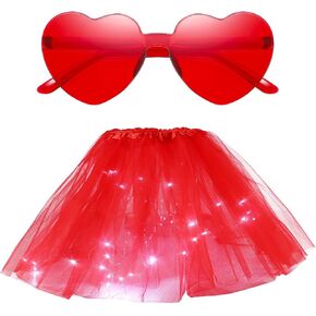 Therwen Women's Light up Tutu Skirts with Heart Shape Sunglasses 3 Layered LED Mini Tulle Skirt for Girls Costume