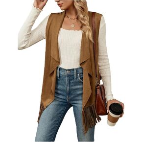 Verdusa Women's Fringe Vest 70s Hippie Sleeveless Western Faux Suede Cardigan Outerwear