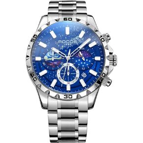Watches for Men Moon Phase Dial Steel Strap Waterproof Luminous Quartz Watches with Date Display - Luxury Analog Wrist Watch for Business or Casual Wear