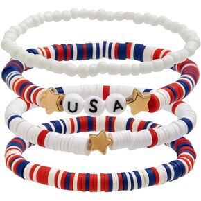 COLORFUL BLING 4th of July Bracelets for Women/Stackable Layered Surfer Bracelets/America Flag Bracelets Independence Day Beaded Stretch Bracelet Summer Beach Accessory