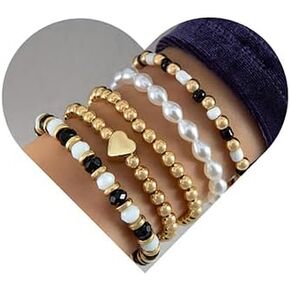 Xerling 5Pcs Bohemian Gold Black Beaded Bracelets Light Weight Beads Bracelets Faux Pearl Stackable Bracelets