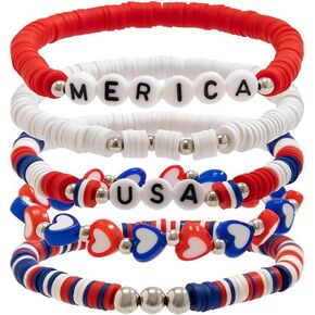 COLORFUL BLING 4th of July Bracelets for Women/Stackable Layered Surfer Bracelets/America Flag Bracelets Independence Day Beaded Stretch Bracelet Summer Beach Accessory