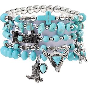 Caiyao Western Cowgirl Turquoise Beaded Stretch Bracelets Bull Head Cow Feather Boot Charm Bohemian Stackable Bracelets Set Jewelry for Women
