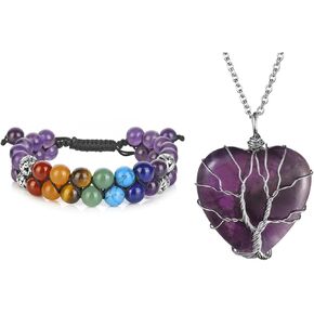Top Plaza Bundle – 2 Items: Bead Chakra Bracelet 7 Chakras Healing Crystals Bracelet & Natural Amethyst Healing Crystals Silver Life Tree Necklace