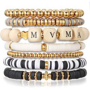 KISS WIFE Surfer Heishi Clay Beaded Bracelets for Women, Summer Beach Jewelry Bohemian Stackable Stretch Friendship Bracelet Set, Trendy Cute Preppy Stuff (7-Gray MAMA)