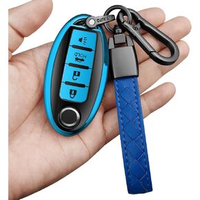 Sindeda متوافق مع غطاء Nissan Key Fob مع سلسلة مفاتيح جلدية، جراب ناعم من مادة TPU مناسب لمفتاح Altima Sentra Maxima Rogue Armada Pathfinder Infiniti Smart Remote (وردي، 4 أزرار)