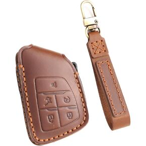 Leather 5-Button Key Fob Cover for Chevy Tahoe Suburban Silverado 1500 Compatible with GMC Sierra Key Fob Case for Buick Envision 2021-2024 (Brown)