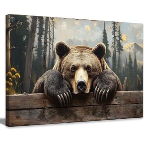 Nature Forest Bear Canvas Wall Art Wild Animals Forest Painting Picture Wall Decor Brown Bear in the Moutain Posters Print Artwork for Bathroom Bedrooms Living Rooms Home Decor