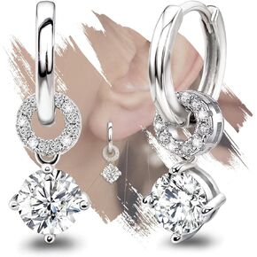 Huggie Hoop Earrings with CZ Charm Sterling Silver Dangle Hoop Earrings Sparkling Circle Cubic Zirconia Earrings for Women Round Cut CZ Cartilage Hoops Hypoallergenic Jewelry Birthday Gifts for Her