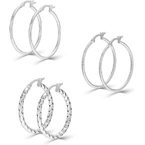 Set of 3 Pairs LeCalla 925 Sterling Silver Classic Italian Click-Top Hoop Earrings for Women