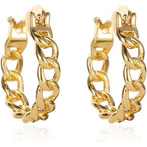 Chain Hoop Earrings for Women Gold Silver Plated Hypoallergenic Simple Hollow Irregular Polished Twisted Metal Link Lightweight Small Huggie Hoop Earrings for Daily Jewelry Accessories