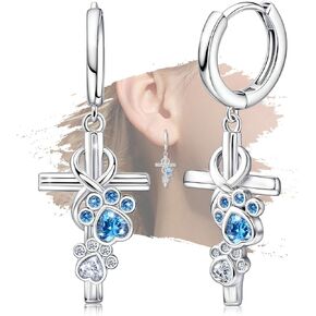 Paw Print Hoop Earrings for Women Sterling Silver Cute Pet Puppy Cat Dog Paw Print Hoop Earrings Hypoallergenic Cubic Zirconia Loop Earrings Dainty Earrings Gifts for Christmas Birthday Anniversary