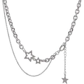Double Layered Stacked Chunky Chain Choker Necklace Y2k Star Statement Necklaces Silver Punk Asymmetric Diamond Necklace Jewelry for Women