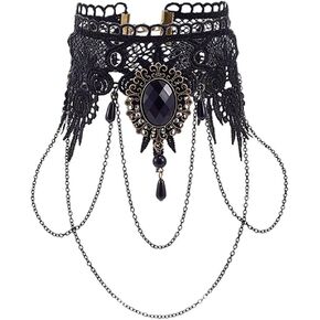 Vinzar Gothic Black Lace Choker Necklace Crystal Pendant Necklace Tassels Chain Necklace Halloween Necklace for Women