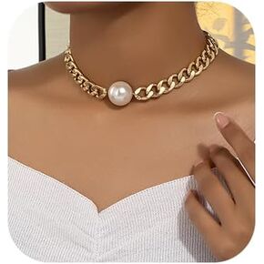 Denifery Chunky Choker Necklace for Women Gold Cuban Link Chain Necklace Pearl Pendant Choker Necklace Gold Necklace Jewelry for Women (Gold1)