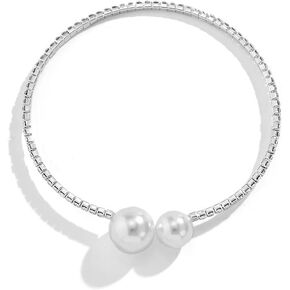 Clataly Imitation Pearl Open Necklace Simple Single Layer Bracelets Silver Crystal Delicate Open Choker Necklace Jewelry for Women
