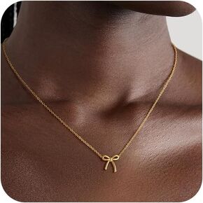 Gold Bow Necklace for Women, 14K Gold Plated Bowknot Pendant Choker Chain Necklace, Small Dainty Beaded Zircon Pearl Bow Necklaces Trendy Jewelry for Women