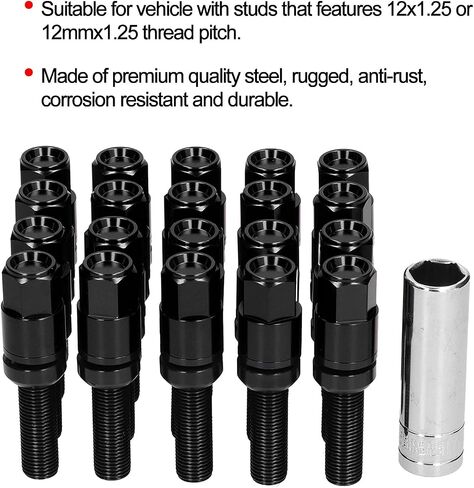 M12X1.25 Wheel Studs Lug Nuts, 20PCS Steel Extended Lug Bolts M12x1.25 28mm Thread with Sleeve Universal for Car (Black) in Saudi Arabia
