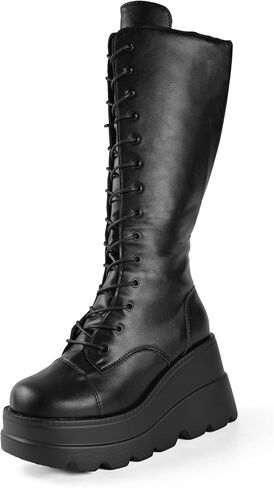 Gothniero Women Black Platform Goth Boots Mid Calf with Heel Knee High Boots Winter Chunky Heel Punk Rave Boots Girls Lace Up Combat Booties Size 5.5-11 in Kuwait