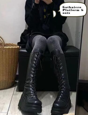 Gothniero Women Black Platform Goth Boots Mid Calf with Heel Knee High Boots Winter Chunky Heel Punk Rave Boots Girls Lace Up Combat Booties Size 5.5-11 in Kuwait