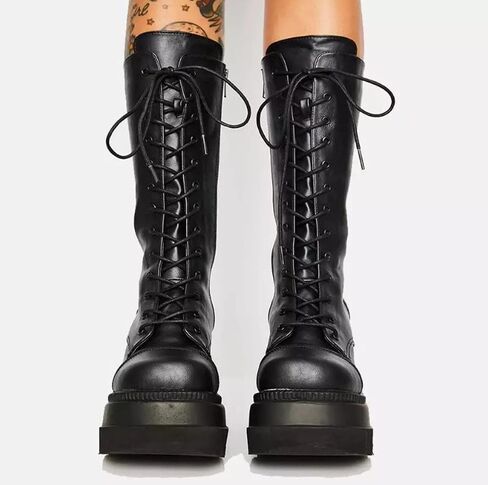 Gothniero Women Black Platform Goth Boots Mid Calf with Heel Knee High Boots Winter Chunky Heel Punk Rave Boots Girls Lace Up Combat Booties Size 5.5-11 in Kuwait