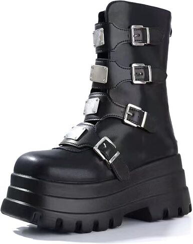 Gothniero Women Black Platform Goth Boots Mid Calf with Heel Knee High Boots Winter Chunky Heel Punk Rave Boots Girls Lace Up Combat Booties Size 5.5-11 in Kuwait