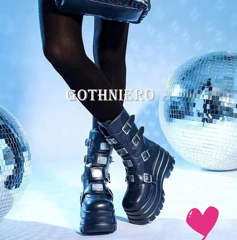 Gothniero Women Black Platform Goth Boots Mid Calf with Heel Knee High Boots Winter Chunky Heel Punk Rave Boots Girls Lace Up Combat Booties Size 5.5-11 in Kuwait
