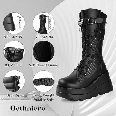 Gothniero Women Black Platform Goth Boots Mid Calf with Heel Knee High Boots Winter Chunky Heel Punk Rave Boots Girls Lace Up Combat Booties Size 5.5-11 in Kuwait