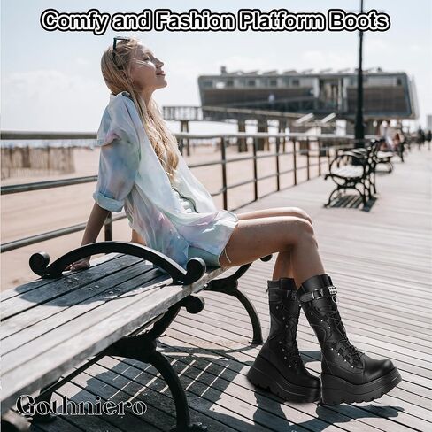 Gothniero Women Black Platform Goth Boots Mid Calf with Heel Knee High Boots Winter Chunky Heel Punk Rave Boots Girls Lace Up Combat Booties Size 5.5-11 in Kuwait