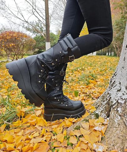 Gothniero Women Black Platform Goth Boots Mid Calf with Heel Knee High Boots Winter Chunky Heel Punk Rave Boots Girls Lace Up Combat Booties Size 5.5-11 in Kuwait