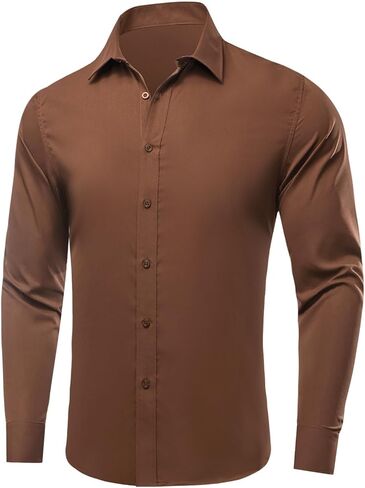 قميص Dubulle سادة للرجال من الساتان بأكمام طويلة، قميص كاجوال للعمل بأزرار سفلية مع جيب للرجال in Kuwait