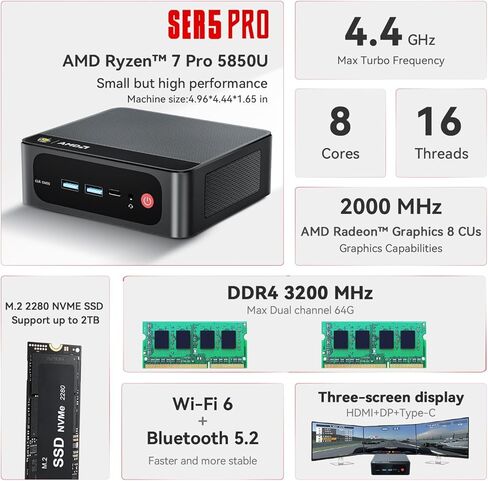 Beelink SER6 Mini PC, AMD Ryzen 9 6900HX(Up to 4.9GHz) 8C/16T, Mini Desktop Computer 16GB DDR5 RAM 500GB M.2 NVMe SSD, Small Gaming PC 4K@144Hz Triple Display/BT5.2/WiFi6/Office/Home/HTPC/W11 Pro in Kuwait