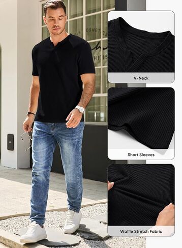 JMIERR Mens Waffle Cotton T Shirt V-Neck Henley Shirt Short Sleeve Work Casual Tee Shirts in Saudi Arabia