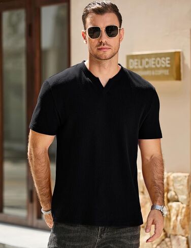 JMIERR Mens Waffle Cotton T Shirt V-Neck Henley Shirt Short Sleeve Work Casual Tee Shirts in Saudi Arabia