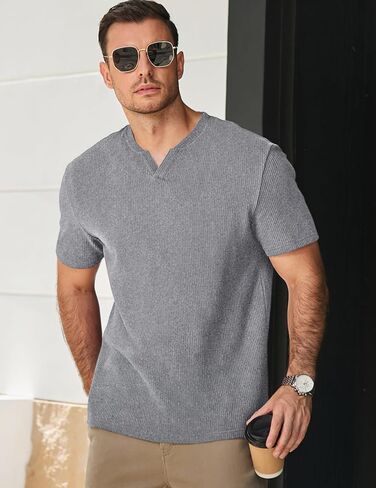 JMIERR Mens Waffle Cotton T Shirt V-Neck Henley Shirt Short Sleeve Work Casual Tee Shirts in Saudi Arabia