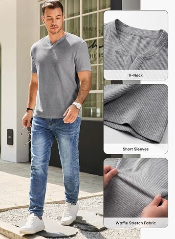 JMIERR Mens Waffle Cotton T Shirt V-Neck Henley Shirt Short Sleeve Work Casual Tee Shirts in Saudi Arabia