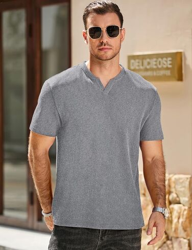 JMIERR Mens Waffle Cotton T Shirt V-Neck Henley Shirt Short Sleeve Work Casual Tee Shirts in Saudi Arabia