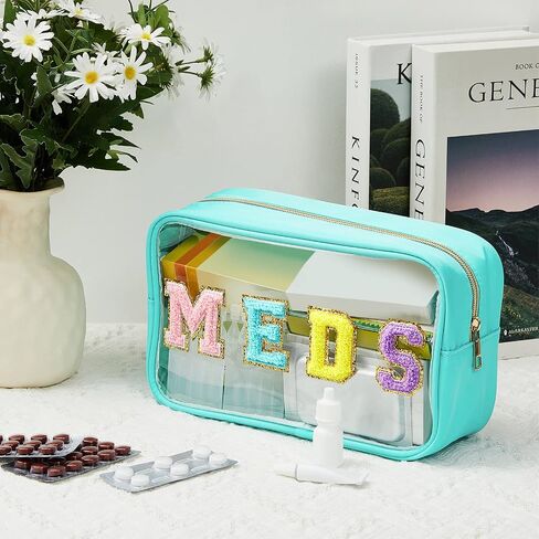 Geetery Chenille Letter Bag Nylon Makeup Bag Portable Bag Makeup Cases Preppy Patch Makeup Bag with Zipper Cosmetic Toiletry Storage Bag for Women(Green,Cute MEDS) in Kuwait
