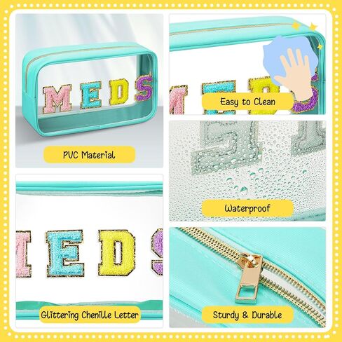 Geetery Chenille Letter Bag Nylon Makeup Bag Portable Bag Makeup Cases Preppy Patch Makeup Bag with Zipper Cosmetic Toiletry Storage Bag for Women(Green,Cute MEDS) in Kuwait