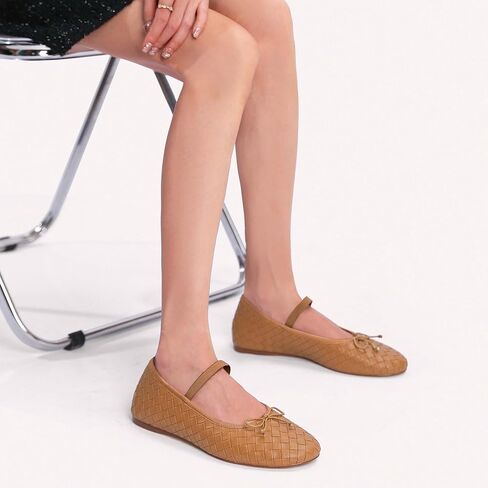 أحذية باليه مسطحة منسوجة للنساء من ماري جين ذات مقدمة اللوز وأحذية راقصة الباليه ذات شريط مطاطي in Kuwait