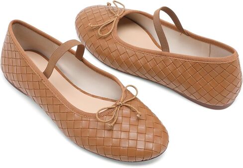 أحذية باليه مسطحة منسوجة للنساء من ماري جين ذات مقدمة اللوز وأحذية راقصة الباليه ذات شريط مطاطي in Kuwait