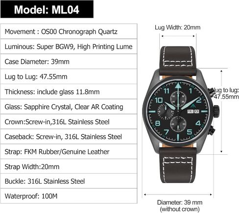 TACTICAL FROG Militado ML04 39mm Chronograph Quartz Mens Watches 0S00 Movement Sapphire Crystal Luminous Watch, 100M Waterproof in Saudi Arabia