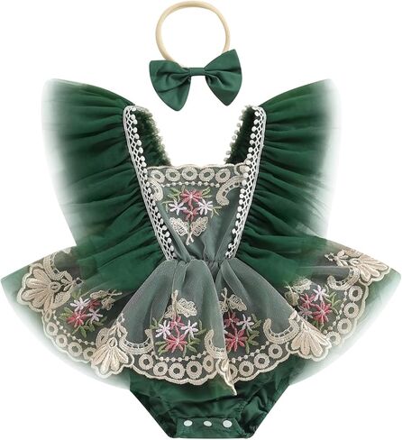 Newborn Baby Girls Rompers Flower Embroidery Mesh Tulle Dress with Headband Infant Summer Outfits (Flower Embroidery Pink, 6-9 Months) in Saudi Arabia