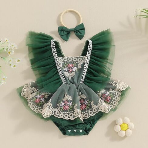 Newborn Baby Girls Rompers Flower Embroidery Mesh Tulle Dress with Headband Infant Summer Outfits (Flower Embroidery Pink, 6-9 Months) in Saudi Arabia